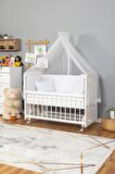 Ahşap Anne yanı 60x120 bebek beşiği Beyaz (Lake) Boyalı Tutku Bebek Beşiği Beyaz Güpür Uyku Setli + Tekerlek