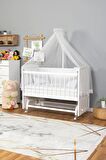Ahşap Anne yanı 60x120 bebek beşiği Beyaz (Lake) Boyalı Tutku Bebek Beşiği Beyaz Güpür Uyku Setli + Tekerlek