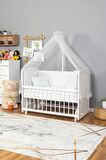 Ahşap Anne yanı 60x120 bebek beşiği Beyaz (Lake) Boyalı Tutku Bebek Beşiği Beyaz Güpür Uyku Setli