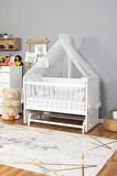 Ahşap Anne yanı 60x120 bebek beşiği Beyaz (Lake) Boyalı Tutku Bebek Beşiği Beyaz Güpür Uyku Setli