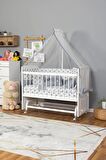 Ahşap Anne yanı 60x120 bebek beşiği Beyaz (Lake) Boyalı Tutku Bebek Beşiği Gri Balina Uyku Setli + Tekerlek