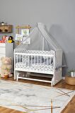 Ahşap Anne yanı 60x120 bebek beşiği Beyaz (Lake) Boyalı Tutku Bebek Beşiği Gri Balina Uyku Setli