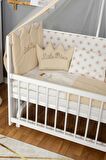 Ahşap Anne yanı 60x120 bebek beşiği Beyaz (Lake) Boyalı Tutku Bebek Beşiği Krem Nakış Erkek Uyku Setli
