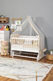 Ahşap Anne yanı 60x120 bebek beşiği Beyaz (Lake) Boyalı Tutku Bebek Beşiği Krem Nakış yazısız Uyku Setli