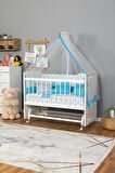 Ahşap Anne yanı 60x120 bebek beşiği Beyaz (Lake) Boyalı Tutku Bebek Beşiği Mavi Balina Uyku Setli + Tekerlek