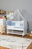 Ahşap Anne yanı 60x120 bebek beşiği Beyaz (Lake) Boyalı Tutku Bebek Beşiği Mavi Nakış Uyku Setli + Tekerlek