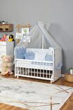 Ahşap Anne yanı 60x120 bebek beşiği Beyaz (Lake) Boyalı Tutku Bebek Beşiği Mavi Nakış Uyku Setli