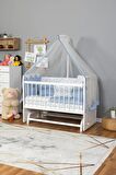 Ahşap Anne yanı 60x120 bebek beşiği Beyaz (Lake) Boyalı Tutku Bebek Beşiği Mavi Nakış Uyku Setli