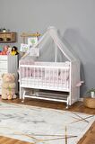 Ahşap Anne yanı 60x120 bebek beşiği Beyaz (Lake) Boyalı Tutku Bebek Beşiği Pembe Nakış Uyku Setli + Tekerlek