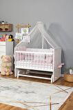 Ahşap Anne yanı 60x120 bebek beşiği Beyaz (Lake) Boyalı Tutku Bebek Beşiği Pembe Nakış Uyku Setli