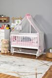 Ahşap Anne yanı 60x120 bebek beşiği Beyaz (Lake) Boyalı Tutku Bebek Beşiği Pembe Yıldız Uyku Setli + Tekerlek