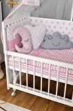 Ahşap Anne yanı 60x120 bebek beşiği Beyaz (Lake) Boyalı Tutku Bebek Beşiği Pembe Yıldız Uyku Setli + Tekerlek