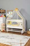 Ahşap Anne yanı 60x120 bebek beşiği Beyaz (Lake) Boyalı Tutku Bebek Beşiği Sarı Yıldız Uyku Setli + Tekerlek