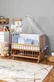 Ahşap Anne yanı 60x120 bebek beşiği Doğal (Vernikli) Boyalı Tutku Bebek Beşiği Mavi Nakış Uyku Setli + Tekerlek