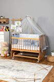 Ahşap Anne yanı 60x120 bebek beşiği Doğal (Vernikli) Boyalı Tutku Bebek Beşiği Mavi Nakış Uyku Setli + Tekerlek