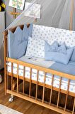 Ahşap Anne yanı 60x120 bebek beşiği Doğal (Vernikli) Boyalı Tutku Bebek Beşiği Mavi Nakış Uyku Setli + Tekerlek