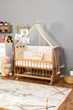 Ahşap Anne yanı 60x120 bebek beşiği Doğal (Vernikli) Boyalı Tutku Bebek Beşiği Krem Nakış Kız Uyku Setli + Tekerlek