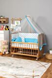 Ahşap Anne yanı 60x120 bebek beşiği Doğal (Vernikli) Boyalı Tutku Bebek Beşiği Mavi Balina Uyku Setli + Tekerlek
