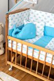 Ahşap Anne yanı 60x120 bebek beşiği Doğal (Vernikli) Boyalı Tutku Bebek Beşiği Mavi Balina Uyku Setli + Tekerlek