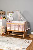 Ahşap Anne yanı 60x120 bebek beşiği Doğal (Vernikli) Boyalı Tutku Bebek Beşiği Pembe Nakış Uyku Setli + Tekerlek