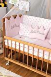 Ahşap Anne yanı 60x120 bebek beşiği Doğal (Vernikli) Boyalı Tutku Bebek Beşiği Pembe Nakış Uyku Setli + Tekerlek