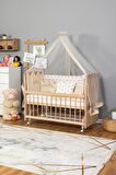 Ahşap Anne yanı 60x120 bebek beşiği Organik(boyasız) Tutku Bebek Beşiği Krem Nakış Erkek + Tekerlek
