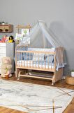 Ahşap Anne yanı 60x120 bebek beşiği Organik(boyasız) Tutku Bebek Beşiği Mavi Nakış Uyku Seti + Tekerlek