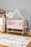 Ahşap Anne yanı 60x120 bebek beşiği Organik(boyasız) Tutku Bebek Beşiği Pembe Nakış Uyku Seti + Tekerlek