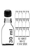 12 Adet 30 ml Kilitli Siyah Kapaklı Şeffaf Detox Shot Şişesi 30 Cc Ginger Şat Beyaz Cam Şişe 