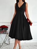 TUA MODA Kadın Ithal Krep Kumaş Kruvaze Yaka Eteği Kloş Kolsuz Mini Elbise