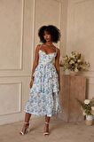 TUA MODA Kadın Askılı Dekolteli Yırtmaç Detay çiçek Baskılı Süprem Midi Elbise
