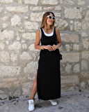 TUA MODA Kadın Yırtmaç Detaylı Viskon Kumaş Maxi Boy Cepli Iç Dahil Ikili Elbise