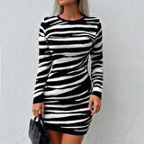 TUA MODA Kadın Uzun Kollu Siyah Beyaz Zebra Desen Triko Elbise