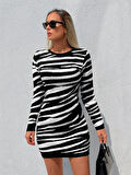 TUA MODA Kadın Uzun Kollu Siyah Beyaz Zebra Desen Triko Elbise