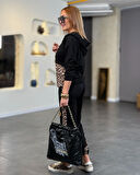 TUA MODA Kadın Uzun Kollu Leopar Detay Sweat Ve Yanı Leopar şerit Detay Pantolon Ikili Takım