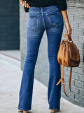 TUA MODA Kadın Yüksek Bel önden Düğmeli Cep Detay Ispanyol Paça Denim Pantolon