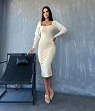 TUA MODA Kadın Kare Yaka Kolları Manşet Ve Tül Detay Fırsat ürün Midi Boy Elbise