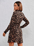 TUA MODA Kadın Uzun Kollu Yarı Balıkçı Yaka Leopar Desenli Kadife Elbise