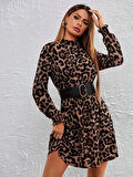 TUA MODA Kadın Uzun Kollu Yarı Balıkçı Yaka Leopar Desenli Kadife Elbise