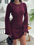 TUA MODA Sırt Pencereli Mini Triko Elbise - Bordo