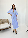 TUA MODA 5318 ELBİSE-MAVİ BEYAZ ÇİZGİLİ