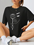 TUA MODA Baskılı Oversize T-shirt - Siyah