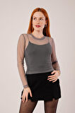 TUA MODA Transparan Gri Tül Basic Bluz