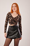TUA MODA Leopar Desen Önü Büzgülü Basic Bluz