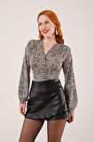 TUA MODA Mini Leopar Desen V Yaka Bluz