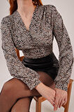 TUA MODA Mini Leopar Desen V Yaka Bluz