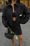 TUA MODA KAPİTONE CROP CEKET - ETEK TAKIM ARMA DETAYLI - Siyah