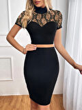 TUA MODA Kadın Kısa Kollu Yarı Balıkçı Yaka Dantelli Straplez Ithal Krep Crop Bluz Ve Etek Ikili Takım