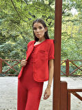 TUA MODA Kırmızı Askılı Büstiyer Ceket Ve Pantolon Takım
