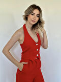 TUA MODA Kırmızı Yelek Ve Pantolon Takım
